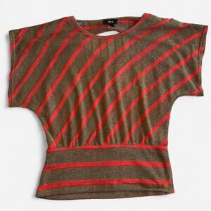 BCX Womens L Shimmer Metallic Striped Blouse Brown Red